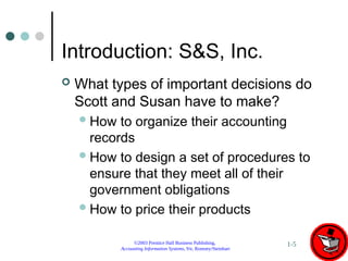©2003 Prentice Hall Business Publishing,
Accounting Information Systems, 9/e, Romney/Steinbart
1-5
Introduction: S&S, Inc.
 What types of important decisions do
Scott and Susan have to make?
How to organize their accounting
records
How to design a set of procedures to
ensure that they meet all of their
government obligations
How to price their products
 