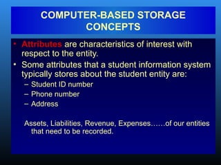 • Attributes are characteristics of interest with
respect to the entity.
• Some attributes that a student information system
typically stores about the student entity are:
– Student ID number
– Phone number
– Address
Assets, Liabilities, Revenue, Expenses……of our entities
that need to be recorded.
COMPUTER-BASED STORAGE
CONCEPTS
 