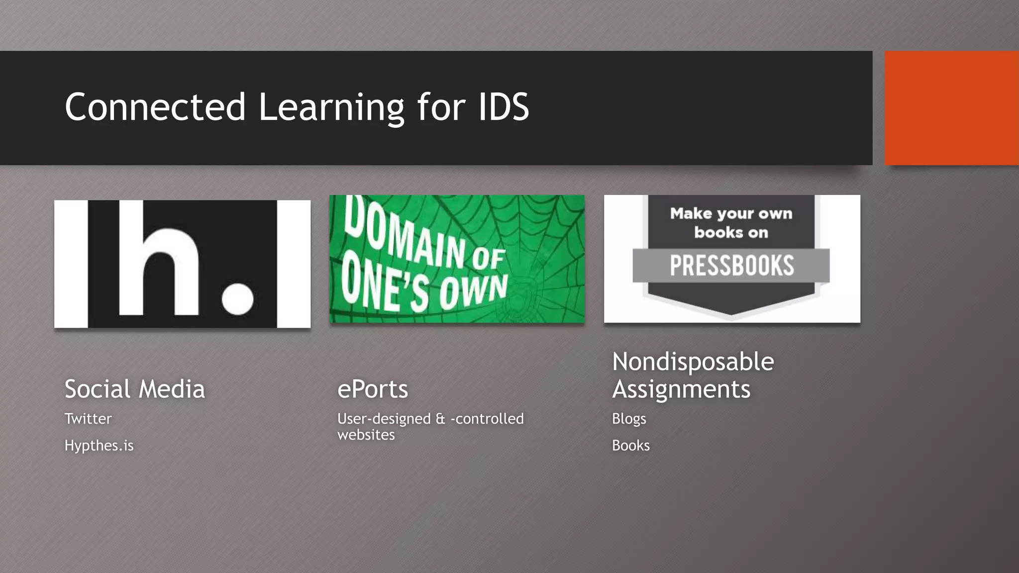 Connected Learning for IDS
Social Media
Twitter
Hypthes.is
ePorts
User-designed & -controlled
websites
Nondisposable
Assignments
Blogs
Books
 