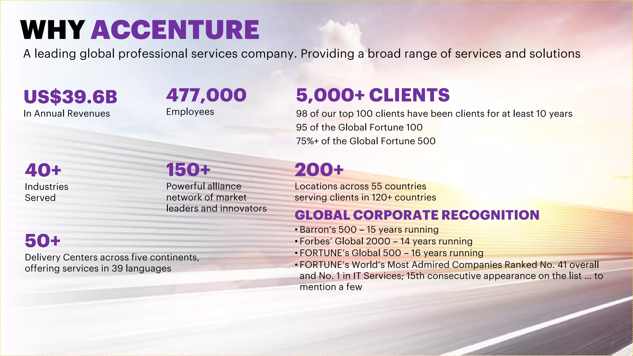 2
WHY ACCENTURE
477,000
Employees
US$39.6B
In Annual Revenues
40+
Industries
Served
GLOBAL CORPORATE RECOGNITION
• Barron’s 500 – 15 years running
• Forbes’ Global 2000 – 14 years running
• FORTUNE’s Global 500 – 16 years running
• FORTUNE’s World’s Most Admired Companies Ranked No. 41 overall
and No. 1 in IT Services; 15th consecutive appearance on the list … to
mention a few
50+
Delivery Centers across five continents,
offering services in 39 languages
5,000+ CLIENTS
98 of our top 100 clients have been clients for at least 10 years
95 of the Global Fortune 100
75%+ of the Global Fortune 500
150+
Powerful alliance
network of market
leaders and innovators
200+
Locations across 55 countries
serving clients in 120+ countries
A leading global professional services company. Providing a broad range of services and solutions