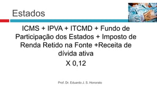 Estados
ICMS + IPVA + ITCMD + Fundo de
Participação dos Estados + Imposto de
Renda Retido na Fonte +Receita de
dívida ativa
X 0,12
Prof. Dr. Eduardo J. S. Honorato
 