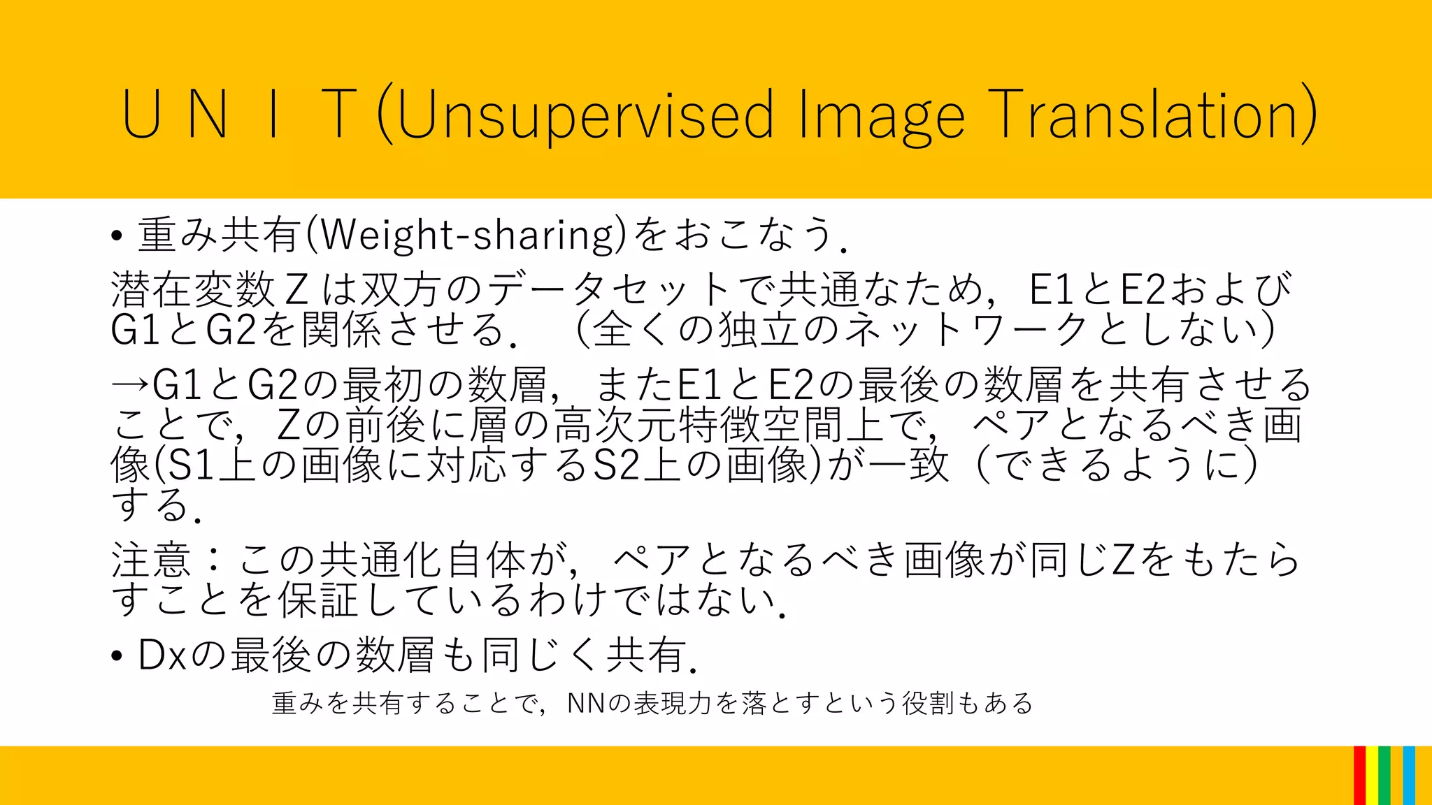 ＵＮＩＴ(Unsupervised Image Translation)
• 重み共有(Weight-sharing)をおこなう．
潜在変数Ｚは双方のデータセットで共通なため，E1とE2および
G1とG2を関係させる．（全くの独立のネットワークとしない）
→G1とG2の最初の数層，またE1とE2の最後の数層を共有させる
ことで，Zの前後に層の高次元特徴空間上で，ペアとなるべき画
像(S1上の画像に対応するS2上の画像)が一致（できるように）
する．
注意：この共通化自体が，ペアとなるべき画像が同じZをもたら
すことを保証しているわけではない．
• Dxの最後の数層も同じく共有．
重みを共有することで，NNの表現力を落とすという役割もある
 