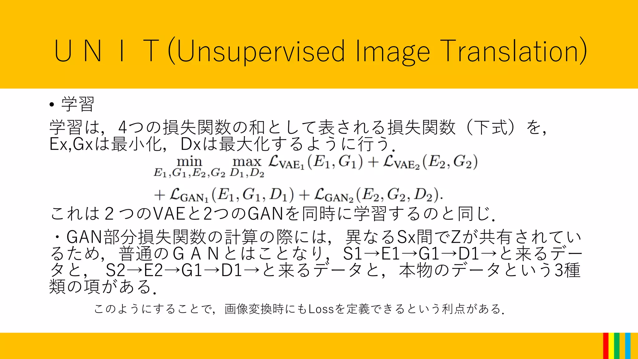 ＵＮＩＴ(Unsupervised Image Translation)
• 学習
学習は，4つの損失関数の和として表される損失関数（下式）を，
Ex,Gxは最小化，Dxは最大化するように行う．
これは２つのVAEと2つのGANを同時に学習するのと同じ．
・GAN部分損失関数の計算の際には，異なるSx間でZが共有されてい
るため，普通のＧＡＮとはことなり，S1→E1→G1→D1→と来るデー
タと， S2→E2→G1→D1→と来るデータと，本物のデータという3種
類の項がある．
このようにすることで，画像変換時にもLossを定義できるという利点がある．
 