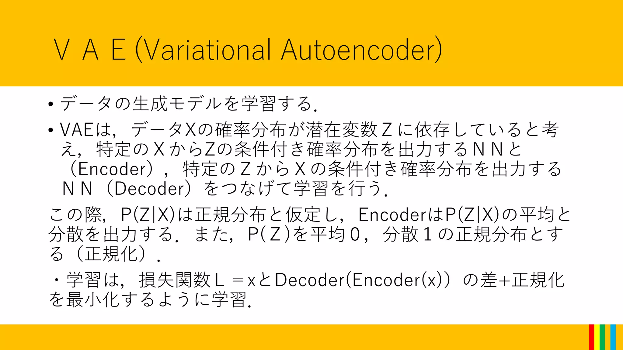 ＶＡＥ(Variational Autoencoder)
• データの生成モデルを学習する．
• VAEは，データXの確率分布が潜在変数Ｚに依存していると考
え，特定のＸからZの条件付き確率分布を出力するＮＮと
（Encoder），特定のＺからＸの条件付き確率分布を出力する
ＮＮ（Decoder）をつなげて学習を行う．
この際，P(Z|X)は正規分布と仮定し，EncoderはP(Z|X)の平均と
分散を出力する．また，P(Ｚ)を平均０，分散１の正規分布とす
る（正規化）．
・学習は，損失関数Ｌ＝xとDecoder(Encoder(x)）の差+正規化
を最小化するように学習．
 