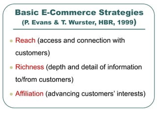 Basic E-Commerce Strategies
(P. Evans & T. Wurster, HBR, 1999)
 Reach (access and connection with
customers)
 Richness (depth and detail of information
to/from customers)
 Affiliation (advancing customers’ interests)
 
