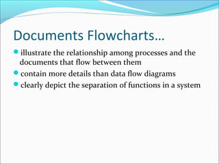 Documents Flowcharts…
illustrate the relationship among processes and the
documents that flow between them
contain more details than data flow diagrams
clearly depict the separation of functions in a system
 