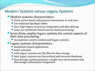 Modern Systems versus Legacy Systems
Modern systems characteristics:
client-server based and process transactions in real time
use relational database tables
have high degree of process integration and data sharing
some are mainframe based and use batch processing
Some firms employ legacy systems for certain aspects of
their data processing.
Accountants need to understand legacy systems.
Legacy systems characteristics:
mainframe-based applications
batch oriented
early legacy systems use flat files for data storage
later legacy systems use hierarchical and network databases
data storage systems promote a single-user environment that
discourages information integration
 