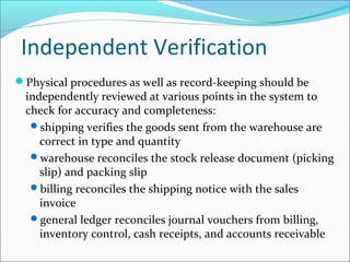Independent Verification
Physical procedures as well as record-keeping should be
independently reviewed at various points in the system to
check for accuracy and completeness:
shipping verifies the goods sent from the warehouse are
correct in type and quantity
warehouse reconciles the stock release document (picking
slip) and packing slip
billing reconciles the shipping notice with the sales
invoice
general ledger reconciles journal vouchers from billing,
inventory control, cash receipts, and accounts receivable
 