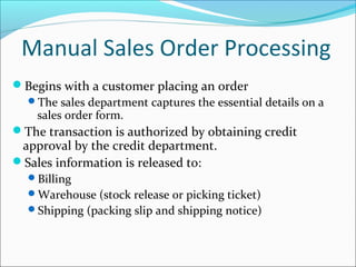Manual Sales Order Processing
Begins with a customer placing an order
The sales department captures the essential details on a
sales order form.
The transaction is authorized by obtaining credit
approval by the credit department.
Sales information is released to:
Billing
Warehouse (stock release or picking ticket)
Shipping (packing slip and shipping notice)
 