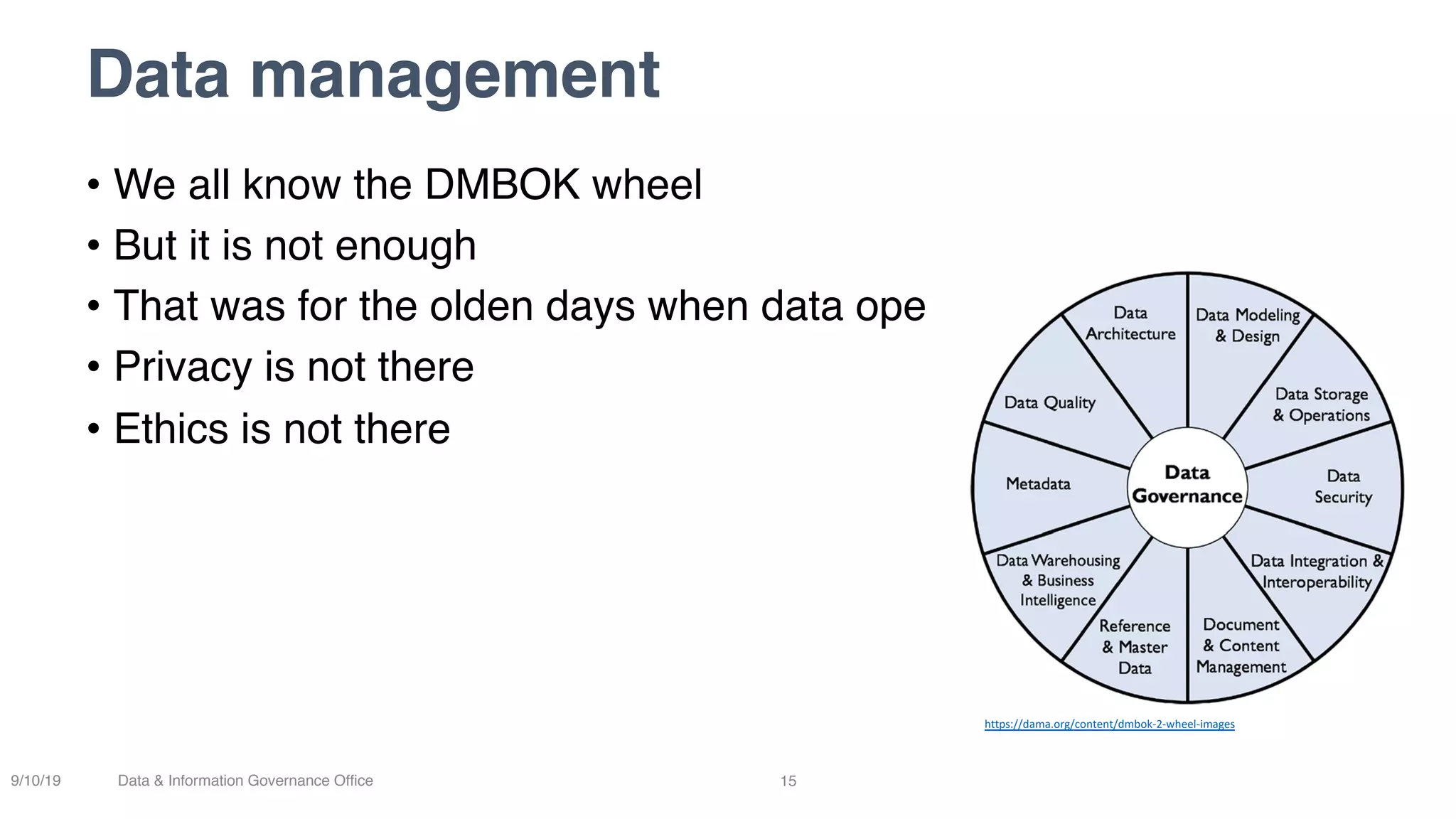 Data management
15
• We all know the DMBOK wheel
• But it is not enough
• That was for the olden days when data operations were simple
• Privacy is not there
• Ethics is not there
9/10/19 Data & Information Governance Office
https://dama.org/content/dmbok-2-wheel-images
 