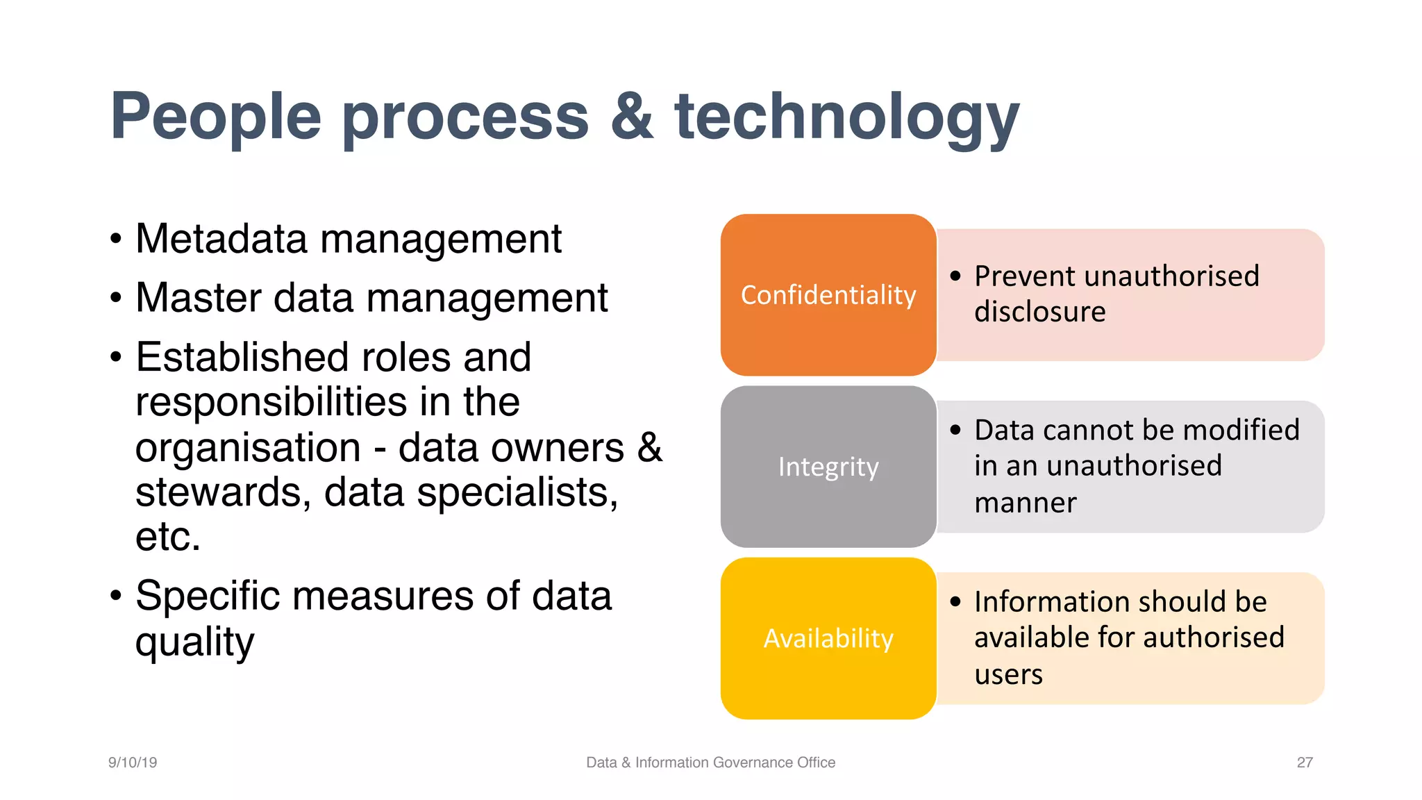 People process & technology
• Metadata management
• Master data management
• Established roles and
responsibilities in the
organisation - data owners &
stewards, data specialists,
etc.
• Specific measures of data
quality
9/10/19 Data & Information Governance Office 27
• Prevent unauthorised
disclosure
Confidentiality
• Data cannot be modified
in an unauthorised
manner
Integrity
• Information should be
available for authorised
users
Availability
 