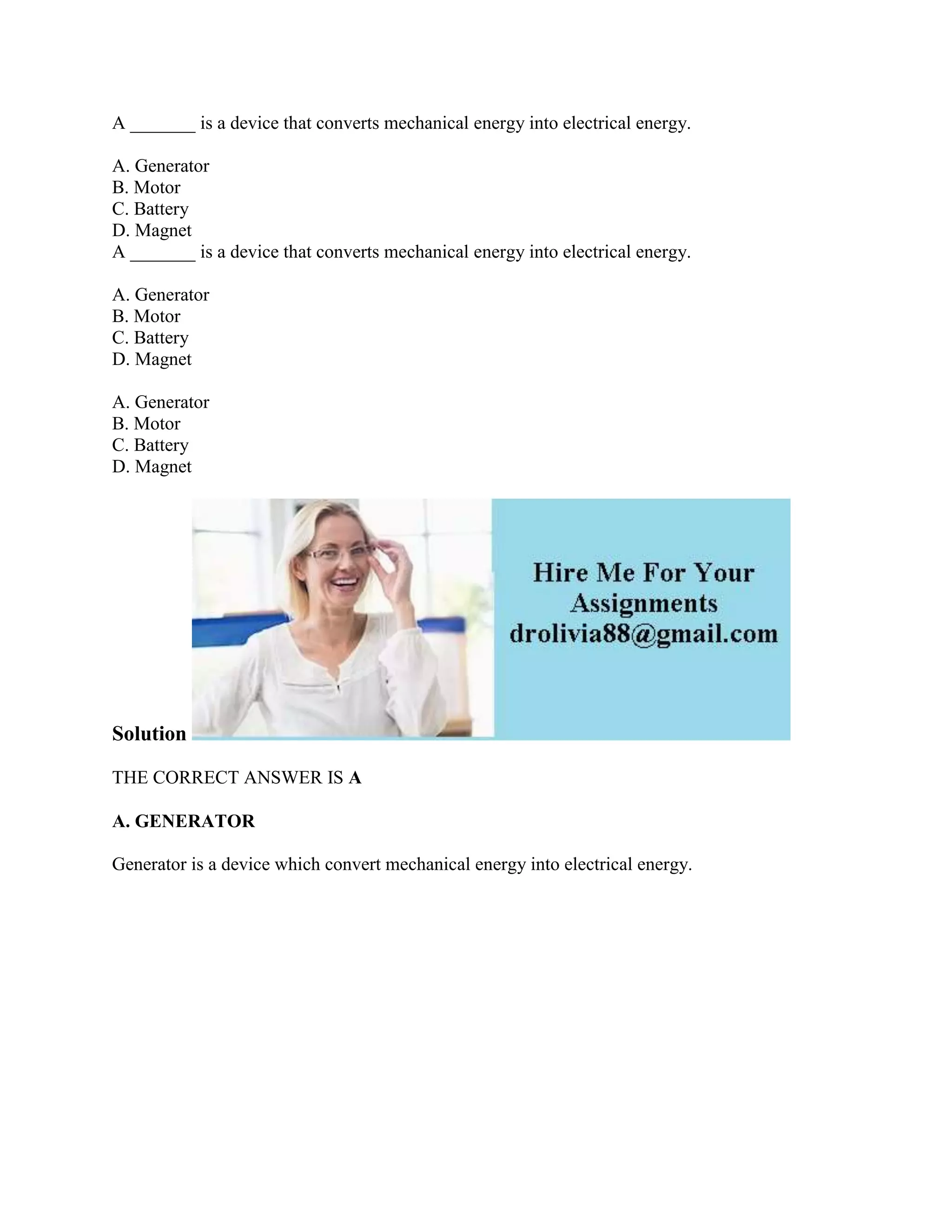 A _______ is a device that converts mechanical energy into electrical.docx