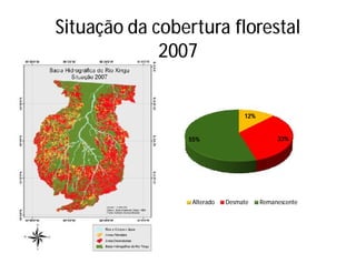 Situação da cobertura florestal
             2007


                                 12%


                55%                         33%




                 Alterado   Desmate    Remanescente
 