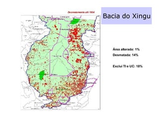 Bacia do Xingu



  Área alterada: 1%
  Desmatada: 14%


  Exclui TI e UC: 18%
 
