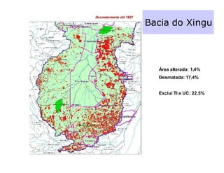Bacia do Xingu



  Área alterada: 1,4%
  Desmatada: 17,4%


  Exclui TI e UC: 22,5%
 