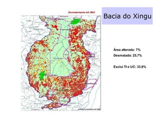 Bacia do Xingu



  Área alterada: 7%
  Desmatada: 25,7%


  Exclui TI e UC: 33,8%
 