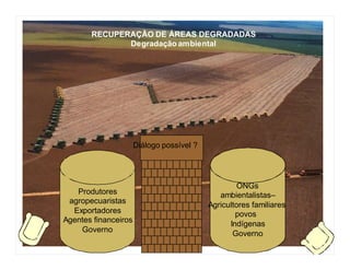 RECUPERAÇÃO DE ÁREAS DEGRADADAS
              Degradação ambiental




                   Diálogo possível ?




                                              ONGs
    Produtores                           ambientalistas–
 agropecuaristas
                                      Agricultores familiares
  Exportadores
   “Heróis da Economia” x “Devastadores Ambientais”
                                              povos
Agentes financeiros                         Indígenas
     Governo                                 Governo
 