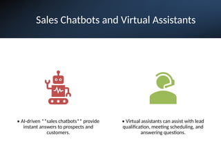 Sales Chatbots and Virtual Assistants
• AI-driven **sales chatbots** provide
instant answers to prospects and
customers.
• Virtual assistants can assist with lead
qualification, meeting scheduling, and
answering questions.