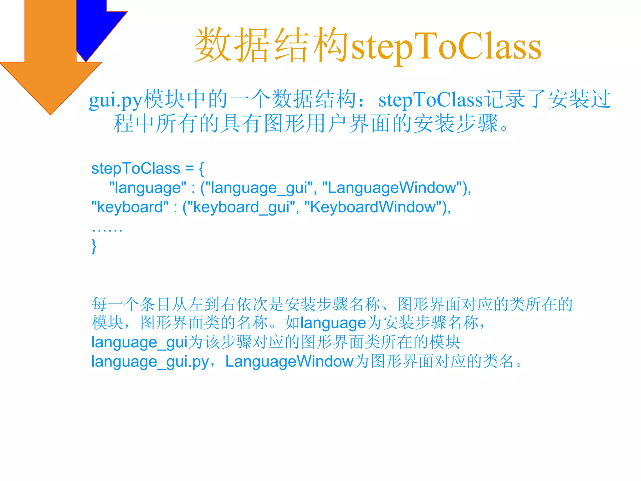 数据结构stepToClass
gui.py模块中的一个数据结构：stepToClass记录了安装过
  程中所有的具有图形用户界面的安装步骤。

stepToClass = {
   "language" : ("language_gui", "LanguageWindow"),
"keyboard" : ("keyboard_gui", "KeyboardWindow"),
……
}


每一个条目从左到右依次是安装步骤名称、图形界面对应的类所在的
模块，图形界面类的名称。如language为安装步骤名称，
language_gui为该步骤对应的图形界面类所在的模块
language_gui.py，LanguageWindow为图形界面对应的类名。
 