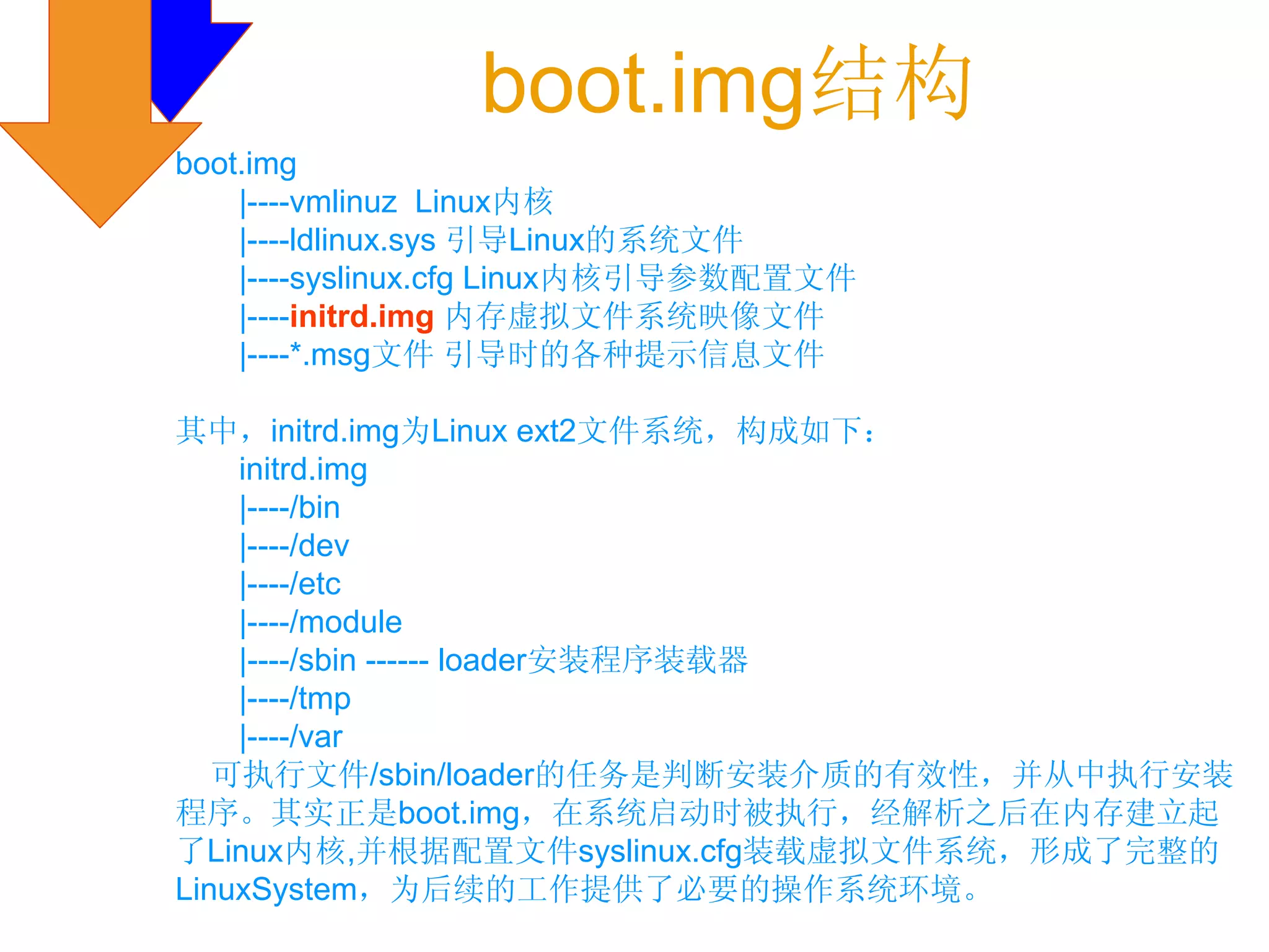 boot.img结构
boot.img
    |----vmlinuz Linux内核
    |----ldlinux.sys 引导Linux的系统文件
    |----syslinux.cfg Linux内核引导参数配置文件
    |----initrd.img 内存虚拟文件系统映像文件
    |----*.msg文件 引导时的各种提示信息文件

其中，initrd.img为Linux ext2文件系统，构成如下：
    initrd.img
    |----/bin
    |----/dev
    |----/etc
    |----/module
    |----/sbin ------ loader安装程序装载器
    |----/tmp
    |----/var
   可执行文件/sbin/loader的任务是判断安装介质的有效性，并从中执行安装
程序。其实正是boot.img，在系统启动时被执行，经解析之后在内存建立起
了Linux内核,并根据配置文件syslinux.cfg装载虚拟文件系统，形成了完整的
LinuxSystem，为后续的工作提供了必要的操作系统环境。
 