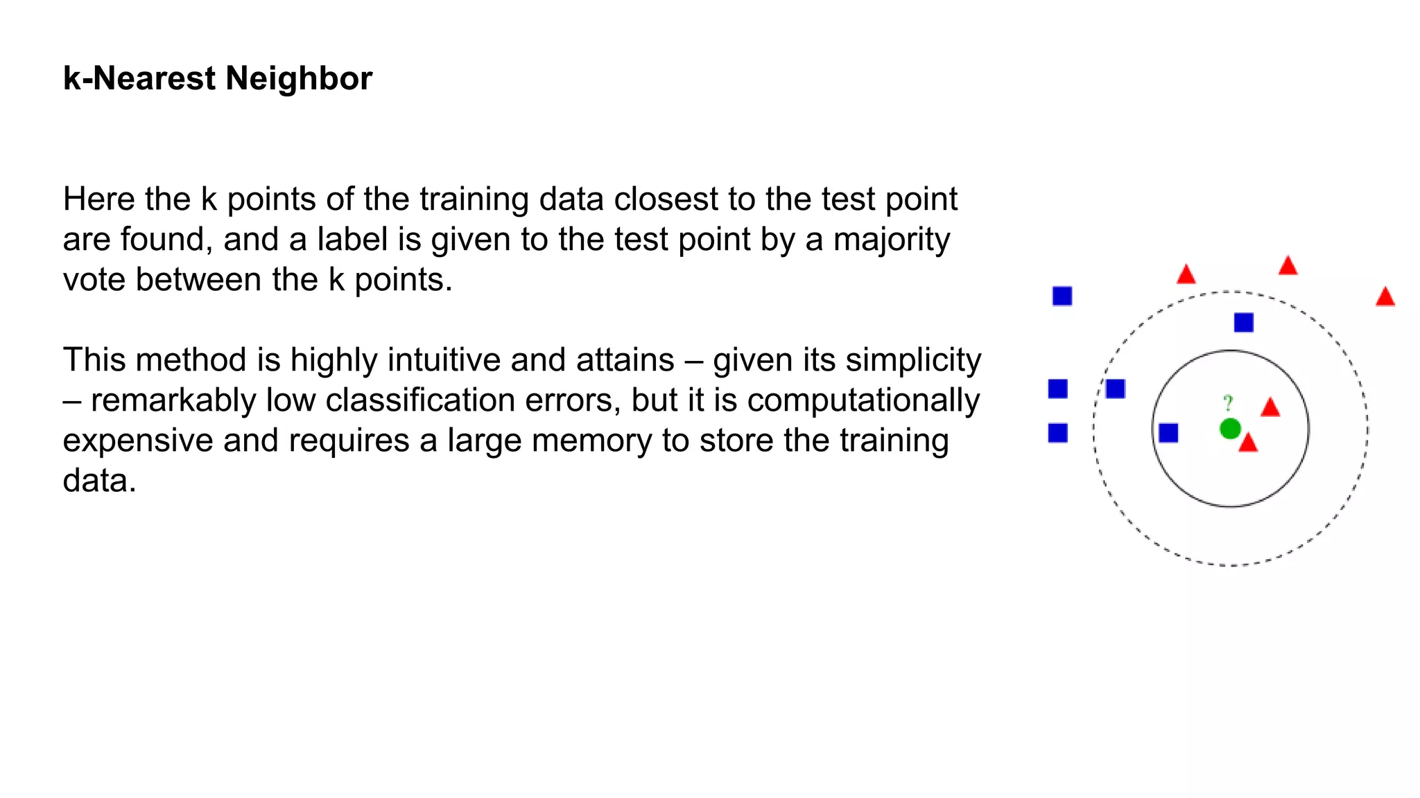 k-Nearest Neighbor
Here the k points of the training data closest to the test point
are found, and a label is given to the test point by a majority
vote between the k points.
This method is highly intuitive and attains – given its simplicity
– remarkably low classification errors, but it is computationally
expensive and requires a large memory to store the training
data.
 