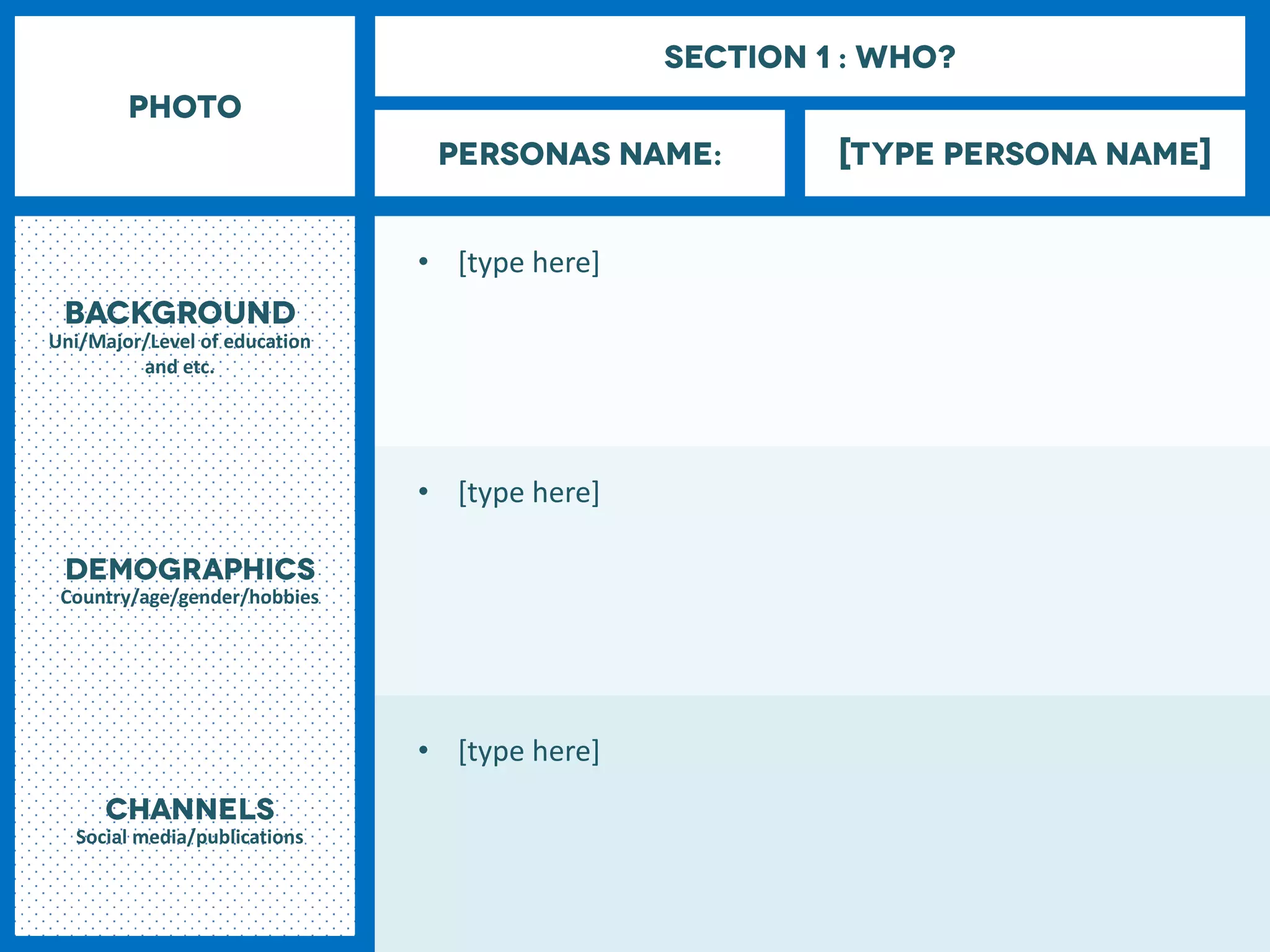 Uni/Major/Level of education
and etc.
Country/age/gender/hobbies
Social media/publications
• [type here]
• [type here]
• [type here]
 