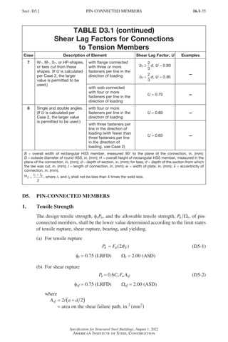 16.1-35
Specification for Structural Steel Buildings, August 1, 2022
American Institute of Steel Construction
TABLE D3.1 (continued)
Shear Lag Factors for Connections
to Tension Members
Case Description of Element Shear Lag Factor, U Examples
7 W-, M-, S-, or HP-shapes,
or tees cut from these
shapes. (If U is calculated
per Case 2, the larger
value is permitted to be
used.)
with flange connected
with three or more
fasteners per line in the
direction of loading
b d U
f ≥ =
2
3
0 0
, .9
b d U
f  =
2
3
0 85
, .
–
with web connected
with four or more
fasteners per line in the
direction of loading
U = 0.70 –
8 Single and double angles.
(If U is calculated per
Case 2, the larger value
is permitted to be used.)
with four or more
fasteners per line in the
direction of loading
U = 0.80 –
with three fasteners per
line in the direction of
loading (with fewer than
three fasteners per line
in the direction of
loading, use Case 2)
U = 0.60 –
B = overall width of rectangular HSS member, measured 90° to the plane of the connection, in. (mm);
D = outside diameter of round HSS, in. (mm); H = overall height of rectangular HSS member, measured in the
plane of the connection, in. (mm); d = depth of section, in. (mm); for tees, d = depth of the section from which
the tee was cut, in. (mm); l = length of connection, in. (mm); w = width of plate, in. (mm); x = eccentricity of
connection, in. (mm).
[a]
l
l l
=
+
1 2
2
, where l1 and l2 shall not be less than 4 times the weld size.
D5. PIN-CONNECTED MEMBERS
1. Tensile Strength
The design tensile strength, φtPn, and the allowable tensile strength, Pn t
Ω , of pin-
connected members, shall be the lower value determined according to the limit states
of tensile rupture, shear rupture, bearing, and yielding.
(a) For tensile rupture
P F tb
n u e
( )
= 2 (D5-1)
φt = 0.75 (LRFD)   Wt = 2.00 (ASD)
(b) For shear rupture
P C F A
n r u sf
.
= 0 6 (D5-2)
φsf = 0.75 (LRFD)   Wsf = 2.00 (ASD)
where
Asf = 2t a d
+
( )
2
=
area on the shear failure path, in.2 (mm2)
Sect. D5.] PIN-CONNECTED MEMBERS
Part 16.1 A-F (001-074).indd 35
Part 16.1 A-F (001-074).indd 35 2023-01-10 7:31 PM
2023-01-10 7:31 PM
 