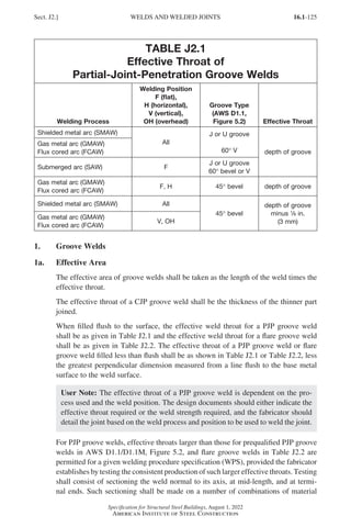 16.1-125
Specification for Structural Steel Buildings, August 1, 2022
American Institute of Steel Construction
TABLE J2.1
Effective Throat of
Partial-Joint-Penetration Groove Welds
Welding Process
Welding Position
F (flat),
H (horizontal),
V (vertical),
OH (overhead)
Groove Type
(AWS D1.1,
Figure 5.2) Effective Throat
Shielded metal arc (SMAW)
All
J or U groove
60° V depth of groove
Gas metal arc (GMAW)
Flux cored arc (FCAW)
Submerged arc (SAW) F
J or U groove
60° bevel or V
Gas metal arc (GMAW)
Flux cored arc (FCAW)
F, H 45° bevel depth of groove
Shielded metal arc (SMAW) All
45° bevel
depth of groove
minus 1
/8 in.
(3 mm)
Gas metal arc (GMAW)
Flux cored arc (FCAW)
V, OH
1. Groove Welds
1a. Effective Area
The effective area of groove welds shall be taken as the length of the weld times the
effective throat.
The effective throat of a CJP groove weld shall be the thickness of the thinner part
joined.
When filled flush to the surface, the effective weld throat for a PJP groove weld
shall be as given in Table J2.1 and the effective weld throat for a flare groove weld
shall be as given in Table J2.2. The effective throat of a PJP groove weld or flare
groove weld filled less than flush shall be as shown in Table J2.1 or Table J2.2, less
the greatest perpendicular dimension measured from a line flush to the base metal
surface to the weld surface.
User Note: The effective throat of a PJP groove weld is dependent on the pro-
cess used and the weld position. The design documents should either indicate the
effective throat required or the weld strength required, and the fabricator should
detail the joint based on the weld process and position to be used to weld the joint.
For PJP groove welds, effective throats larger than those for prequalified PJP groove
welds in AWS D1.1/D1.1M, Figure 5.2, and flare groove welds in Table J2.2 are
permitted for a given welding procedure specification (WPS), provided the fabricator
establishes by testing the consistent production of such larger effective throats. Testing
shall consist of sectioning the weld normal to its axis, at mid-length, and at termi-
nal ends. Such sectioning shall be made on a number of combinations of material
Sect. J2.] WELDS AND WELDED JOINTS
Part 16.1 J-N (121-194).indd 125
Part 16.1 J-N (121-194).indd 125 2023-01-10 8:06 PM
2023-01-10 8:06 PM
 