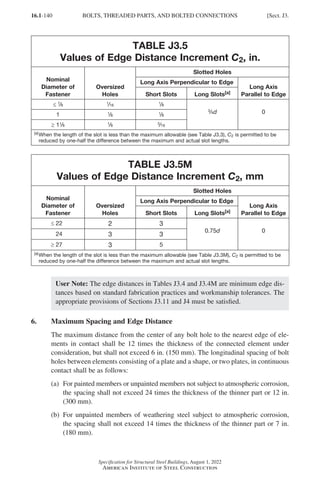 16.1-140
Specification for Structural Steel Buildings, August 1, 2022
American Institute of Steel Construction
TABLE J3.5
Values of Edge Distance Increment C2, in.
Nominal
Diameter of
Fastener
Oversized
Holes
Slotted Holes
Long Axis Perpendicular to Edge
Long Axis
Parallel to Edge
Short Slots Long Slots[a]
≤ 7
/8
1
/16
1
/8
3
/4d 0
1 1
/8
1
/8
≥ 11
/8
1
/8
3
/16
[a]
When the length of the slot is less than the maximum allowable (see Table J3.3), C2 is permitted to be
reduced by one-half the difference between the maximum and actual slot lengths.
TABLE J3.5M
Values of Edge Distance Increment C2, mm
Nominal
Diameter of
Fastener
Oversized
Holes
Slotted Holes
Long Axis Perpendicular to Edge
Long Axis
Parallel to Edge
Short Slots Long Slots[a]
≤ 22 2 3
0.75d 0
24 3 3
≥ 27 3 5
[a]
When the length of the slot is less than the maximum allowable (see Table J3.3M), C2 is permitted to be
reduced by one-half the difference between the maximum and actual slot lengths.
User Note: The edge distances in Tables J3.4 and J3.4M are minimum edge dis-
tances based on standard fabrication practices and workmanship tolerances. The
appropriate provisions of Sections J3.11 and J4 must be satisfied.
6. Maximum Spacing and Edge Distance
The maximum distance from the center of any bolt hole to the nearest edge of ele-
ments in contact shall be 12 times the thickness of the connected element under
consideration, but shall not exceed 6 in. (150 mm). The longitudinal spacing of bolt
holes between elements consisting of a plate and a shape, or two plates, in continuous
contact shall be as follows:
(a)	
For painted members or unpainted members not subject to atmospheric corrosion,
the spacing shall not exceed 24 times the thickness of the thinner part or 12 in.
(300 mm).
(b)	
For unpainted members of weathering steel subject to atmospheric corrosion,
the spacing shall not exceed 14 times the thickness of the thinner part or 7 in.
(180 mm).
BOLTS, THREADED PARTS, AND BOLTED CONNECTIONS [Sect. J3.
Part 16.1 J-N (121-194).indd 140
Part 16.1 J-N (121-194).indd 140 2023-01-10 8:06 PM
2023-01-10 8:06 PM
 
