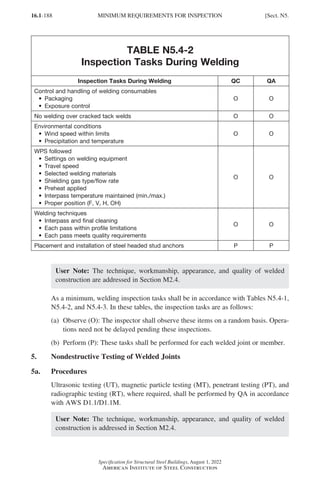 16.1-188
Specification for Structural Steel Buildings, August 1, 2022
American Institute of Steel Construction
TABLE N5.4-2
Inspection Tasks During Welding
Inspection Tasks During Welding QC QA
Control and handling of welding consumables
• Packaging
• Exposure control
O O
No welding over cracked tack welds O O
Environmental conditions
• Wind speed within limits
• Precipitation and temperature
O O
WPS followed
• Settings on welding equipment
• Travel speed
• Selected welding materials
• Shielding gas type/flow rate
• Preheat applied
• Interpass temperature maintained (min./max.)
• Proper position (F, V, H, OH)
O O
Welding techniques
• Interpass and final cleaning
• Each pass within profile limitations
• Each pass meets quality requirements
O O
Placement and installation of steel headed stud anchors P P
User Note: The technique, workmanship, appearance, and quality of welded
construction are addressed in Section M2.4.
As a minimum, welding inspection tasks shall be in accordance with Tables N5.4-1,
N5.4-2, and N5.4-3. In these tables, the inspection tasks are as follows:
(a)	
Observe (O): The inspector shall observe these items on a random basis. Opera-
tions need not be delayed pending these inspections.
(b)	
Perform (P): These tasks shall be performed for each welded joint or member.
5. Nondestructive Testing of Welded Joints
5a. Procedures
Ultrasonic testing (UT), magnetic particle testing (MT), penetrant testing (PT), and
radiographic testing (RT), where required, shall be performed by QA in accordance
with AWS D1.1/D1.1M.
User Note: The technique, workmanship, appearance, and quality of welded
construction is addressed in Section M2.4.
MINIMUM REQUIREMENTS FOR INSPECTION [Sect. N5.
Part 16.1 J-N (121-194).indd 188
Part 16.1 J-N (121-194).indd 188 2023-01-10 8:06 PM
2023-01-10 8:06 PM
 