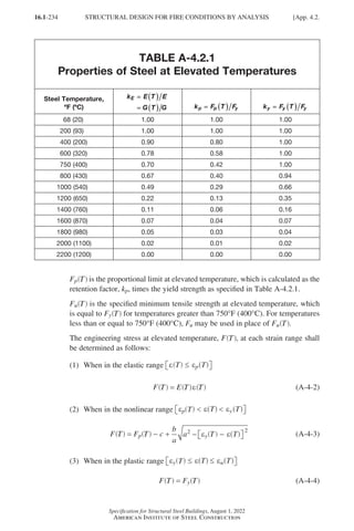 16.1-234
Specification for Structural Steel Buildings, August 1, 2022
American Institute of Steel Construction
TABLE A-4.2.1
Properties of Steel at Elevated Temperatures
Steel Temperature,
ºF (ºC)
k E T E
G T G
E =
=
= (
( )
)
=
=
= (
( )
) k F T F
p p y
=
=
= (
( )
) k F T F
y y y
=
=
= (
( )
)
  68 (20) 1.00 1.00 1.00
200 (93) 1.00 1.00 1.00
400 (200) 0.90 0.80 1.00
600 (320) 0.78 0.58 1.00
750 (400) 0.70 0.42 1.00
800 (430) 0.67 0.40 0.94
1000 (540) 0.49 0.29 0.66
1200 (650) 0.22 0.13 0.35
1400 (760) 0.11 0.06 0.16
1600 (870) 0.07 0.04 0.07
1800 (980) 0.05 0.03 0.04
2000 (1100) 0.02 0.01 0.02
2200 (1200) 0.00 0.00 0.00
Fp T
( ) is the proportional limit at elevated temperature, which is calculated as the
retention factor, kp, times the yield strength as specified in Table A-4.2.1.
Fu T
( ) is the specified minimum tensile strength at elevated temperature, which
is equal to Fy T
( ) for temperatures greater than 750°F (400°C). For temperatures
less than or equal to 750°F (400°C), Fu may be used in place of Fu T
( ).
The engineering stress at elevated temperature, F T
( ), at each strain range shall
be determined as follows:
(1) When in the elastic range T T
p
( ) ≤ ( )

 

ε ε
F T
( ) = E T
( )e T
( ) (A-4-2)
(2) When in the nonlinear range T T
p( )  ( )

ε ε T
 ( )

εy
F T
( ) = Fp T
( ) - c +
b
a
a −
2 2
T T
y( ) − ( )

 

ε ε (A-4-3)
(3) When in the plastic range T T
y( ) ≤ ( )

ε ε T
≤ ( )

εu
F T
( ) = Fy T
( ) (A-4-4)
STRUCTURAL DESIGN FOR FIRE CONDITIONS BY ANALYSIS [App. 4.2.
Part 16.1 Appendix A1-A4 (195-266).indd 234
Part 16.1 Appendix A1-A4 (195-266).indd 234 2023-01-10 8:25 PM
2023-01-10 8:25 PM
 