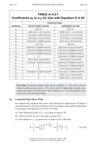 16.1-265
Specification for Structural Steel Buildings, August 1, 2022
American Institute of Steel Construction
TABLE A-4.3.7
Coefficients a0 to a16 for Use with Equation A-4-33
Coefficient
Coefficient Value
Normal weight concrete Lightweight concrete
a0 38.6 min 68.7 min
a1 -5.08 min/in. (-0.2 min/mm) -36.58 min/in. (-1.44 min/mm)
a2 -1.45 min/in. (-0.057 min/mm) -2.79 min/in. (-0.11 min/mm)
a3 -3.30 min/in. (-0.13 min/mm) -12.70 min/in. (-0.5 min/mm)
a4 -2.08 min/in. (-0.082 min/mm) 20.07 min/in. (0.79 min/mm)
a5 -118.1 min -784.2 min
a6 4.06 min/in.2 (0.0063 min/mm2) 8.84 min/in.2 (0.014 min/mm2)
a7 1.48 min/in.2 (0.0023 min/mm2) 3.61 min/in.2 (0.0056 min/mm2)
a8 1.87 min/in.2 (0.0029 min/mm2) 3.68 min/in.2 (0.0057 min/mm2)
a9 0 -2.39 min/in.2 (-0.0037 min/mm2)
a10 263.1 min/in. (10 min/mm) 444.5 min/in. (18 min/mm)
a11 1.16 min/in.2 (0.0018 min/mm2) 2.06 min/in.2 (0.0032 min/mm2)
a12 0 -3.42 min/in.2 (-0.0053 min/mm2)
a13 0 91.44 min/in. (3.6 min/mm)
a14 -0.65 min/in.2 (-0.001 min/mm2) -0.97 min/in.2 (-0.0015 min/mm2)
a15 0 42.42 min/in. (1.67 min/mm)
a16 0 -66.04 min/in. (-2.6 min/mm)
User Note: If moisture content values are not available, m = 4% can be used for
normal weight concrete, and m = 5% can be used for lightweight concrete, con-
sistent with Annex D of Eurocode 4. Dry conditions (m = 0%) will yield the most
conservative fire-resistance rating.
2g. Composite Plate Shear Walls
For unprotected composite plate shear walls meeting the requirements of Chapter I
and satisfying the following conditions, the fire-resistance rating shall be determined
in accordance with Equation A-4-34 or A-4-34M.
(a) Wall slenderness ratio, L tsc, is less than or equal to 20
(b) Axial load ratio, P P
u n, is less than or equal to 0.2
(c) Wall thickness, tsc, is greater than or equal to 8 in. (200 mm)
R
P
P
t
u
n
L t
sc
sc
= −





 +










−

−






18 5 15
1 9
8
1
0 24
230
.
.
.




 (A-4-34)
App. 4.3.] DESIGN BY QUALIFICATION TESTING
Part 16.1 Appendix A1-A4 (195-266).indd 265
Part 16.1 Appendix A1-A4 (195-266).indd 265 2023-01-10 8:25 PM
2023-01-10 8:25 PM
 