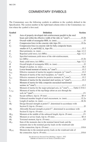 16.1-288
Specification for Structural Steel Buildings, August 1, 2022
American Institute of Steel Construction
COMMENTARY SYMBOLS
The Commentary uses the following symbols in addition to the symbols defined in the
Specification. The section number in the right-hand column refers to the Commentary sec-
tion where the symbol is first used.
Symbol Definition Section
Ar Area of properly developed slab reinforcement parallel to the steel
beam and within the effective width of the slab, in.2 (mm2).......................I3.2b
B Overall width of rectangular HSS, in. (mm).....................................................I3
C Compression force in the concrete slab, kips (N)........................................I3.2a
Cf Compression force in concrete slab for fully composite beam;
smaller of FyAs and 0.85f ′
cAc, kips (N)..........................................................I3.2
D Heat perimeter, in. (mm).....................................................................App. 4.2.2
Fy Reported yield stress, ksi (MPa).........................................................App. 5.2.2
Fyr Specified minimum yield stress of the slab reinforcement,
ksi (MPa)......................................................................................................I3.2b
Fys Static yield stress, ksi (MPa)...............................................................App. 5.2.2
H Overall height of rectangular HSS, in. (mm)....................................................I3
H Height of anchor, in. (mm).............................................................................I8.2
ILB Lower-bound moment of inertia, in.4 (mm4).................................................I3.2
Ineg Effective moment of inertia for negative moment, in.4 (mm4)......................I3.2
Ip Moment of inertia of the steel faceplates, in.4 (mm4)..................................I1.6b
Ipos Effective moment of inertia for positive moment, in.4 (mm4).......................I3.2
Is Moment of inertia for the structural steel section, in.4 (mm4).......................I3.2
Itr Moment of inertia for fully composite uncracked transformed
section, in.4 (mm4)..........................................................................................I3.2
Iw Moment of inertia for the major principal axis, in.4 (mm4)..........Table C-F10.1
Iy Top Moment of inertia of the top flange about an axis through the
web, in.4 (mm4)................................................................................................F1
KS Secant stiffness, kip-in. (N-mm).................................................................. B3.4
L Unbraced member length of steel encasement, in. (mm).............................I2.2a
Lc Length of anchor, in. (mm)..........................................................................I8.2b
MC Design flexural strength at point C′′, determined in accordance with
Section I3, kip-in. (N-mm)................................................................................I5
MC Allowable flexural strength at point C′′, determined in accordance with
Section I3, kip-in. (N-mm)................................................................................I5
MCL Moment at the middle of the unbraced length, kip-in. (N-mm)......................F1
MS Moment at service loads, kip-in. (N-mm).................................................... B3.4
MT Torsional moment, kip-in. (N-mm)................................................................. G3
Ma1 Sum of the moments due to the nominal lateral loads and the
moments due to the nominal gravity loads on the windward side
of the connection, kip-in. (N-mm)...............................................................J10.6
Ma1G Moment due to the nominal gravity loads on the windward side of
the connection, kip-in. (N-mm)....................................................................J10.6
Part 16.1 Commentary Prelims (287-294).indd 288
Part 16.1 Commentary Prelims (287-294).indd 288 2023-01-23 11:57 AM
2023-01-23 11:57 AM
 