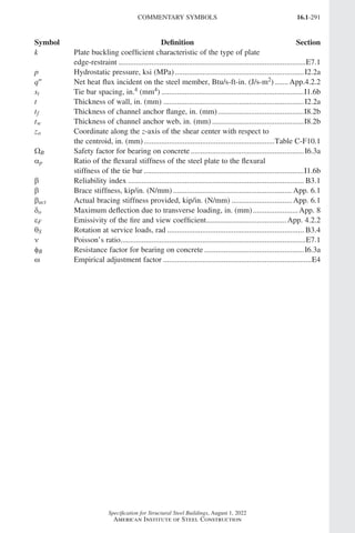 16.1-291
Specification for Structural Steel Buildings, August 1, 2022
American Institute of Steel Construction
k Plate buckling coefficient characteristic of the type of plate
edge-restraint.................................................................................................E7.1
p Hydrostatic pressure, ksi (MPa)...................................................................I2.2a
q′′ Net heat flux incident on the steel member, Btu/s-ft-in. (J/s-m2)........ App.4.2.2
st Tie bar spacing, in.4 (mm4)..........................................................................I1.6b
t Thickness of wall, in. (mm).........................................................................I2.2a
tf Thickness of channel anchor flange, in. (mm).............................................I8.2b
tw Thickness of channel anchor web, in. (mm)................................................I8.2b
zo Coordinate along the z-axis of the shear center with respect to
the centroid, in. (mm)....................................................................Table C-F10.1
WB Safety factor for bearing on concrete...........................................................I6.3a
ap Ratio of the flexural stiffness of the steel plate to the flexural
stiffness of the tie bar...................................................................................I1.6b
β Reliability index........................................................................................... B3.1
β Brace stiffness, kip/in. (N/mm)..............................................................App. 6.1
βact Actual bracing stiffness provided, kip/in. (N/mm)................................App. 6.1
δo Maximum deflection due to transverse loading, in. (mm)........................App. 8
εF Emissivity of the fire and view coefficient..........................................App. 4.2.2
θS Rotation at service loads, rad....................................................................... B3.4
ν Poisson’s ratio................................................................................................E7.1
fB Resistance factor for bearing on concrete....................................................I6.3a
ω Empirical adjustment factor.............................................................................E4
COMMENTARY SYMBOLS
Symbol Definition Section
Part 16.1 Commentary Prelims (287-294).indd 291
Part 16.1 Commentary Prelims (287-294).indd 291 2023-01-23 11:57 AM
2023-01-23 11:57 AM
 