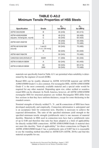 16.1-301
Specification for Structural Steel Buildings, August 1, 2022
American Institute of Steel Construction
TABLE C-A3.2
Minimum Tensile Properties of HSS Steels
Specification Grade
Fy,
ksi (MPa)
Fu,
ksi (MPa)
ASTM A53/A53M B 35 (240) 60 (415)
ASTM A500/A500M
(square, rectangular, round)
B
C
46 (315)
50 (345)
58 (400)
62 (425)
ASTM A501/A501M
A
B
36 (250)
50 (345)
58 (400)
70 (485)
ASTM A618/A618M
(round)
I and II
[t ≤ 3
/4 in. (19 mm)]
III
50 (345)
50 (345)
70 (485)
65 (450)
ASTM A847/A847M − 50 (345) 70 (485)
CAN/CSA-G40.20/G40.21 350W 51 (350) 65 (450)
ASTM A1085/A1085M A 50 (345) 65 (450)
ASTM A1065/A1065M
50
50W
50 (345)
50 (345)
60 (415)
70 (480)
materials not specifically listed in Table A3.1 are permitted when suitability is deter-
mined by the engineer of record (EOR).
Round HSS can be readily obtained in ASTM A53/A53M material and ASTM
A500/A500M Grade C is also common. For rectangular HSS, ASTM A500/A500M
Grade C is the most commonly available material and a special order would be
required for any other material. Depending upon size, either welded or seamless
round HSS can be obtained. In North America, however, all ASTM A500/A500M
rectangular HSS for structural purposes are welded. Rectangular HSS differ from
box sections in that they have uniform thickness, except for some thickening in the
rounded corners.
Nominal strengths of directly welded T-, Y-, and K-connections of HSS have been
developed analytically and empirically. Connection deformation is anticipated and
is an acceptance limit for connection tests. Ductility is necessary to achieve the
expected deformations. The ratio of the specified minimum yield strength to the
specified minimum tensile strength (yield/tensile ratio) is one measure of material
ductility. Materials in HSS used in connection tests have had a yield/tensile ratio
of up to 0.80 and therefore that ratio has been adopted as a limit of applicability
for directly welded HSS connections. ASTM A500/A500M Grade A material does
not meet this ductility “limit of applicability” for direct connections in Chapter K.
ASTM A500/A500M Grade C has a yield/tensile ratio of 0.807 but it is reasonable
to use the rounding method described in ASTM E29 (ASTM, 2019c) and find this
material acceptable for use.
Comm. A3.] MATERIAL
Part 16.1 Commentary A-E (295-369).indd 301
Part 16.1 Commentary A-E (295-369).indd 301 2023-01-30 5:34 AM
2023-01-30 5:34 AM
 