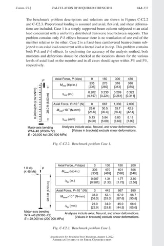 16.1-337
Specification for Structural Steel Buildings, August 1, 2022
American Institute of Steel Construction
The benchmark problem descriptions and solutions are shown in Figures C-C2.2
and C-C2.3. Proportional loading is assumed and axial, flexural, and shear deforma-
tions are included. Case 1 is a simply supported beam-column subjected to an axial
load concurrent with a uniformly distributed transverse load between supports. This
problem contains only P-δ effects because there is no translation of one end of the
member relative to the other. Case 2 is a fixed-base cantilevered beam-column sub-
jected to an axial load concurrent with a lateral load at its top. This problem contains
both P-∆ and P-δ effects. In confirming the accuracy of the analysis method, both
moments and deflections should be checked at the locations shown for the various
levels of axial load on the member and in all cases should agree within 3% and 5%,
respectively.
P
28.0
ft
(8.53
m)
Major-axis bending
W14´48 (W360´72)
E = 29,000 ksi (200 000 MPa)
0.200
kip/ft
(2.92
kN/m)
Axial Force, P (kips) 0 150 300 450
235 270 316 380
[235] [269] [313] [375]
Mmid (kip-in.)
Dmid (in.)
0.202 0.230 0.269 0.322
[0.197] [0.224] [0.261] [0.311]
Axial Force, P´10 (N) 0 667 1,330 2,000
26.6 30.5 35.7 42.9
[26.6] [30.4] [35.4] [42.4]
Mmid´10 (N-mm)
Dmid (mm)
5.13 5.84 6.83 8.18
[5.00] [5.69] [6.63] [7.90]
Analyses include axial, flexural, and shear deformations.
[Values in brackets] exclude shear deformations.
-3
-6
Fig. C-C2.2. Benchmark problem Case 1.
Fig. C-C2.3. Benchmark problem Case 2.
Comm. C2.] CALCULATION OF REQUIRED STRENGTHS
Part 16.1 Commentary A-E (295-369).indd 337
Part 16.1 Commentary A-E (295-369).indd 337 2023-01-23 6:59 PM
2023-01-23 6:59 PM
 