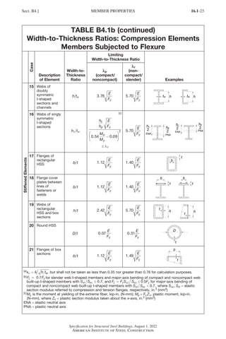 16.1-23
Specification for Structural Steel Buildings, August 1, 2022
American Institute of Steel Construction
TABLE B4.1b (continued)
Width-to-Thickness Ratios: Compression Elements
Members Subjected to Flexure
Case
Description
of Element
Width-to-
Thickness
Ratio
Limiting
Width-to-Thickness Ratio
Examples
λ
λp
(compact/
noncompact)
λ
λr
(non-
compact/
slender)
Stiffened
Elements
15 Webs of
doubly
symmetric
I-shaped
sections and
channels
h tw 3 76
.
E
Fy
5 70
.
E
Fy
16 Webs of singly
symmetric
I-shaped
sections
hc tw
[c]
h
h
E
F
M
M
c
p y
p
y
r
0 54 0 09
2
. .
−






≤ λ
5 70
.
E
Fy
17 Flanges of
rectangular
HSS b t 1 12
.
E
Fy
1 40
.
E
Fy
18 Flange cover
plates between
lines of
fasteners or
welds
b t 1 12
.
E
Fy
1 40
.
E
Fy
19 Webs of
rectangular
HSS and box
sections
h t 2 42
.
E
Fy
5 70
.
E
Fy
20 Round HSS
D t 0 07
.
E
Fy
0 31
.
E
Fy
21 Flanges of box
sections
b t 1 12
.
E
Fy
1 49
.
E
Fy
[a]
kc h tw
= 4 but shall not be taken as less than 0.35 nor greater than 0.76 for calculation purposes.
[b]
F F
L y
= 7
0. for slender web I-shaped members and major-axis bending of compact and noncompact web

built-up I-shaped members with S S
xt xc ≥ 0.7; and F F S S F
L y x xc y
= ≥
t 5
0. for major-axis bending of

compact and noncompact web built-up I-shaped members with S S
xt xc  0.7, where S , S
xc xt = elastic
section modulus referred to compression and tension flanges, respectively, in.3 (mm3)
[c]
My is the moment at yielding of the extreme fiber, kip-in. (N-mm); Mp = Fy Zx, plastic moment, kip-in.
(N-mm), where Zx = plastic section modulus taken about the x-axis, in.3 (mm3)
ENA = elastic neutral axis
PNA = plastic neutral axis
Sect. B4.] MEMBER PROPERTIES
Part 16.1 A-F (001-074).indd 23
Part 16.1 A-F (001-074).indd 23 2023-01-10 7:31 PM
2023-01-10 7:31 PM
 