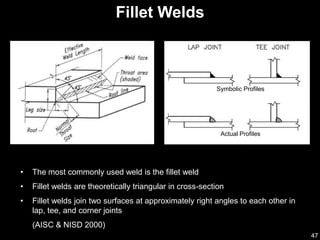 47
• The most commonly used weld is the fillet weld
• Fillet welds are theoretically triangular in cross-section
• Fillet welds join two surfaces at approximately right angles to each other in
lap, tee, and corner joints
(AISC & NISD 2000)
Fillet Welds
Symbolic Profiles
Actual Profiles
 