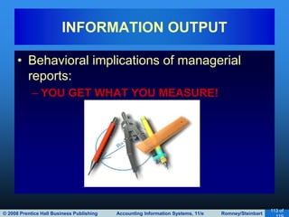 © 2008 Prentice Hall Business Publishing Accounting Information Systems, 11/e Romney/Steinbart
113 of
• Behavioral implications of managerial
reports:
– YOU GET WHAT YOU MEASURE!
INFORMATION OUTPUT
 