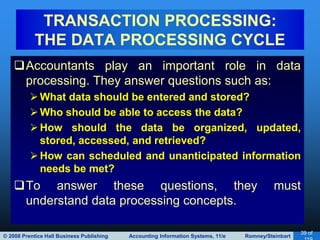 © 2008 Prentice Hall Business Publishing Accounting Information Systems, 11/e Romney/Steinbart
39 of
Accountants play an important role in data
processing. They answer questions such as:
What data should be entered and stored?
Who should be able to access the data?
How should the data be organized, updated,
stored, accessed, and retrieved?
How can scheduled and unanticipated information
needs be met?
To answer these questions, they must
understand data processing concepts.
TRANSACTION PROCESSING:
THE DATA PROCESSING CYCLE
 