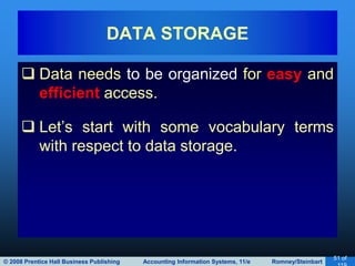 © 2008 Prentice Hall Business Publishing Accounting Information Systems, 11/e Romney/Steinbart
51 of
 Data needs to be organized for easy and
efficient access.
 Let’s start with some vocabulary terms
with respect to data storage.
DATA STORAGE
 