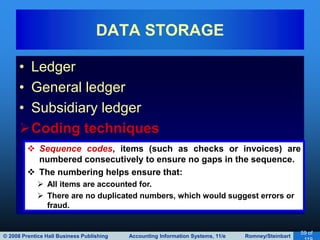 © 2008 Prentice Hall Business Publishing Accounting Information Systems, 11/e Romney/Steinbart
59 of
• Ledger
• General ledger
• Subsidiary ledger
Coding techniques
DATA STORAGE
 Sequence codes, items (such as checks or invoices) are
numbered consecutively to ensure no gaps in the sequence.
 The numbering helps ensure that:
 All items are accounted for.
 There are no duplicated numbers, which would suggest errors or
fraud.
 