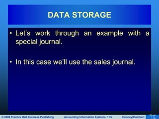© 2008 Prentice Hall Business Publishing Accounting Information Systems, 11/e Romney/Steinbart
70 of
• Let’s work through an example with a
special journal.
• In this case we’ll use the sales journal.
DATA STORAGE
 