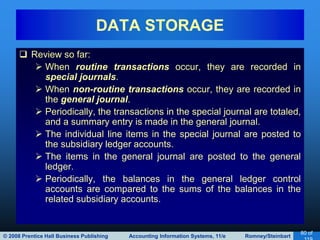 © 2008 Prentice Hall Business Publishing Accounting Information Systems, 11/e Romney/Steinbart
80 of
 Review so far:
 When routine transactions occur, they are recorded in
special journals.
 When non-routine transactions occur, they are recorded in
the general journal.
 Periodically, the transactions in the special journal are totaled,
and a summary entry is made in the general journal.
 The individual line items in the special journal are posted to
the subsidiary ledger accounts.
 The items in the general journal are posted to the general
ledger.
 Periodically, the balances in the general ledger control
accounts are compared to the sums of the balances in the
related subsidiary accounts.
DATA STORAGE
 