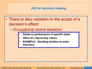 © 2006 Prentice Hall Business Publishing Accounting Information Systems, 10/e Romney/Steinbart 43 of 43
• There is also variation in the scope of a
decision’s effect:
– Occupational control decisions
AIS for decision making
• Relate to performance of specific tasks
• Often of a day-to-day nature
• EXAMPLE: Deciding whether to order
inventory
 