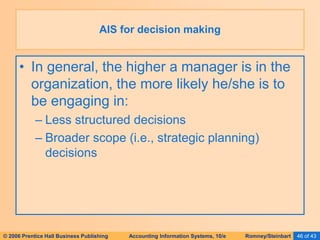 © 2006 Prentice Hall Business Publishing Accounting Information Systems, 10/e Romney/Steinbart 46 of 43
• In general, the higher a manager is in the
organization, the more likely he/she is to
be engaging in:
– Less structured decisions
– Broader scope (i.e., strategic planning)
decisions
AIS for decision making
 