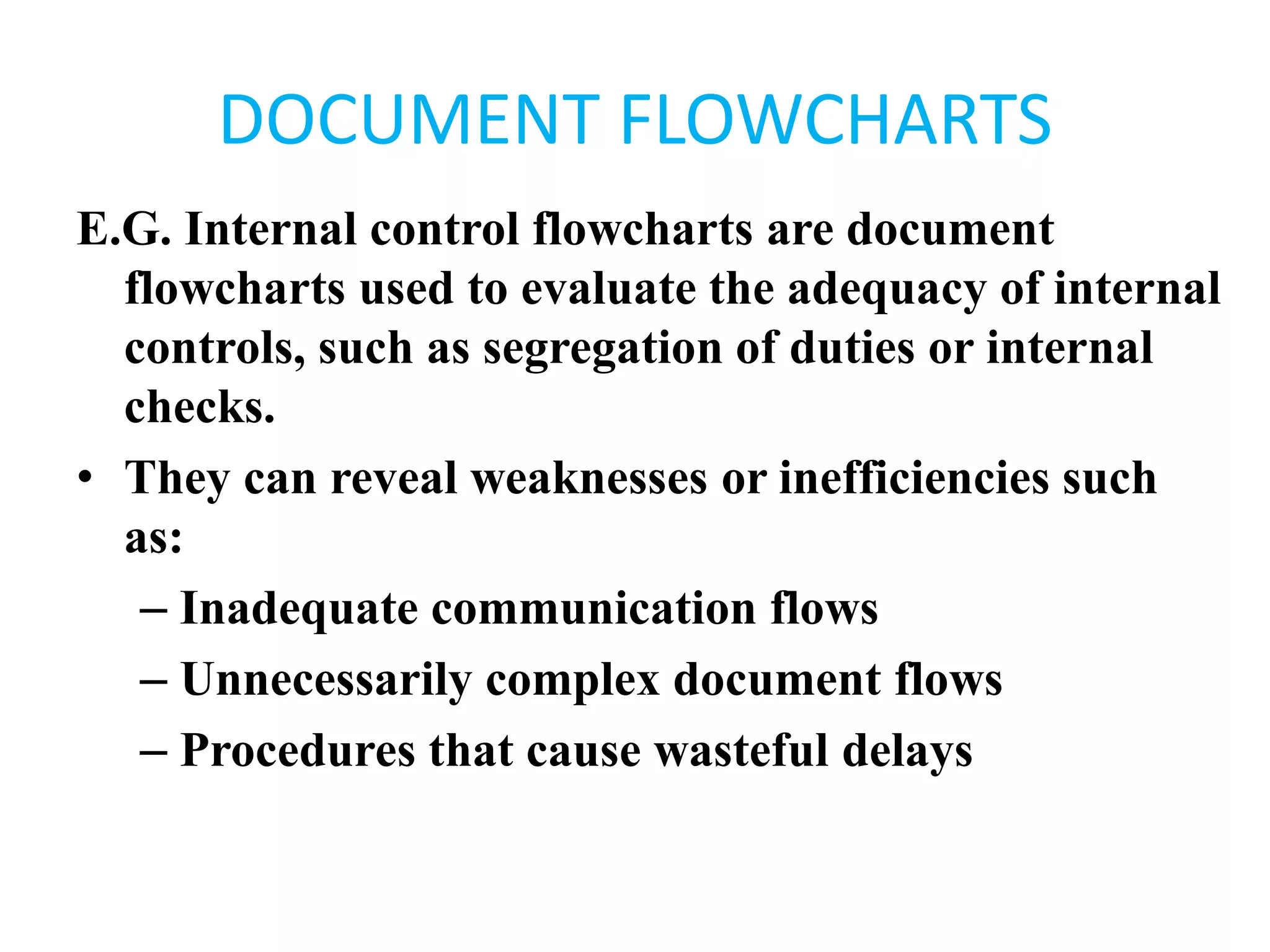 DOCUMENT FLOWCHARTS
E.G. Internal control flowcharts are document
flowcharts used to evaluate the adequacy of internal
controls, such as segregation of duties or internal
checks.
• They can reveal weaknesses or inefficiencies such
as:
– Inadequate communication flows
– Unnecessarily complex document flows
– Procedures that cause wasteful delays
 