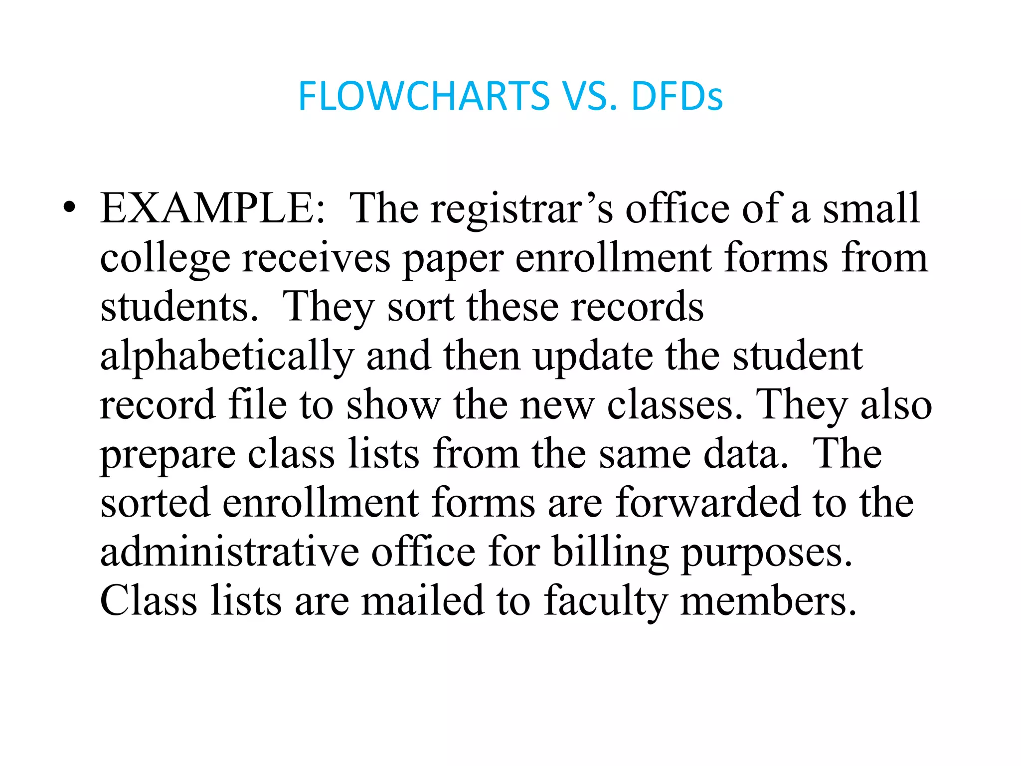 FLOWCHARTS VS. DFDs
• EXAMPLE: The registrar’s office of a small
college receives paper enrollment forms from
students. They sort these records
alphabetically and then update the student
record file to show the new classes. They also
prepare class lists from the same data. The
sorted enrollment forms are forwarded to the
administrative office for billing purposes.
Class lists are mailed to faculty members.
 