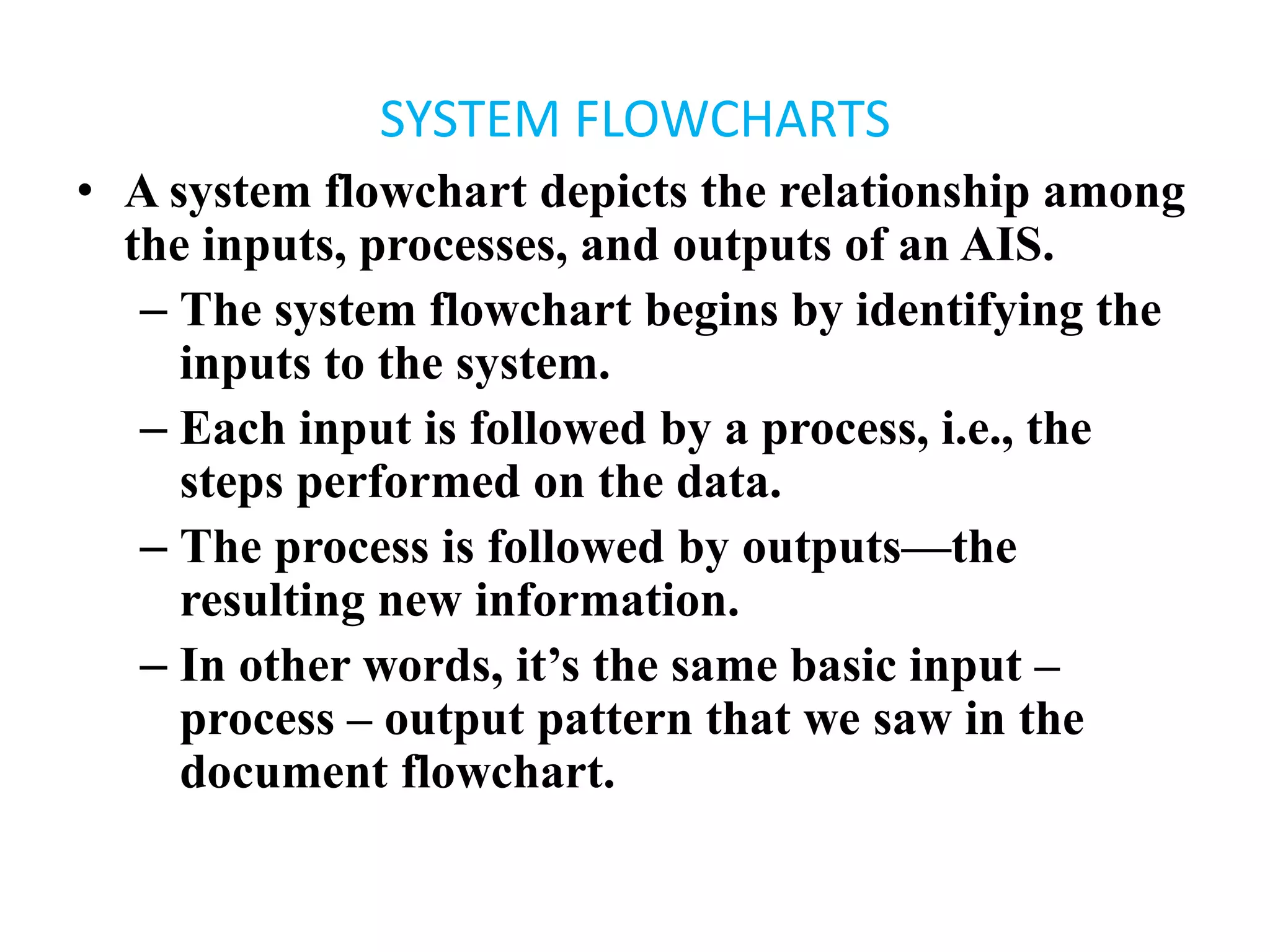 SYSTEM FLOWCHARTS
• A system flowchart depicts the relationship among
the inputs, processes, and outputs of an AIS.
– The system flowchart begins by identifying the
inputs to the system.
– Each input is followed by a process, i.e., the
steps performed on the data.
– The process is followed by outputs—the
resulting new information.
– In other words, it’s the same basic input –
process – output pattern that we saw in the
document flowchart.
 
