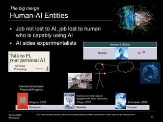 12 Nov 2023
AI Science 63
 Job not lost to AI, job lost to human
who is capably using AI
 AI aides experimentalists Human-AI Entity
Human AI
Ishiguro, 2021
Literature Examples:
Personal AI agents
Humans and other objects
equipped with WAIs (weak AIs)
Divya, 2021 Schroeder, 2005
Dystopian Realistic Utopian
The big merge
Human-AI Entities
BCI: brain-computer interface: direct communication pathway between an enhanced or wired brain and an external device
AI Voice
Prompting
 